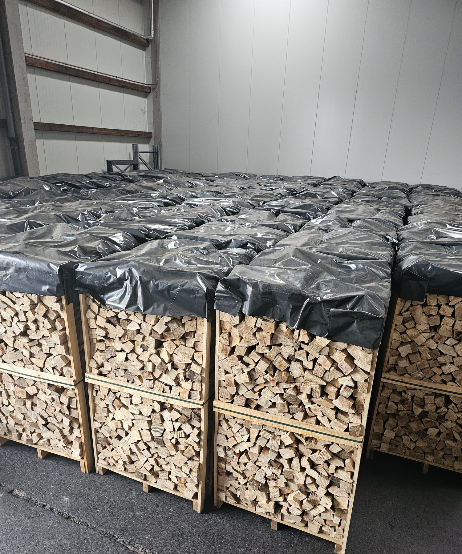 Lange Reihen abgedeckter Kaminholz-Paletten im Lager