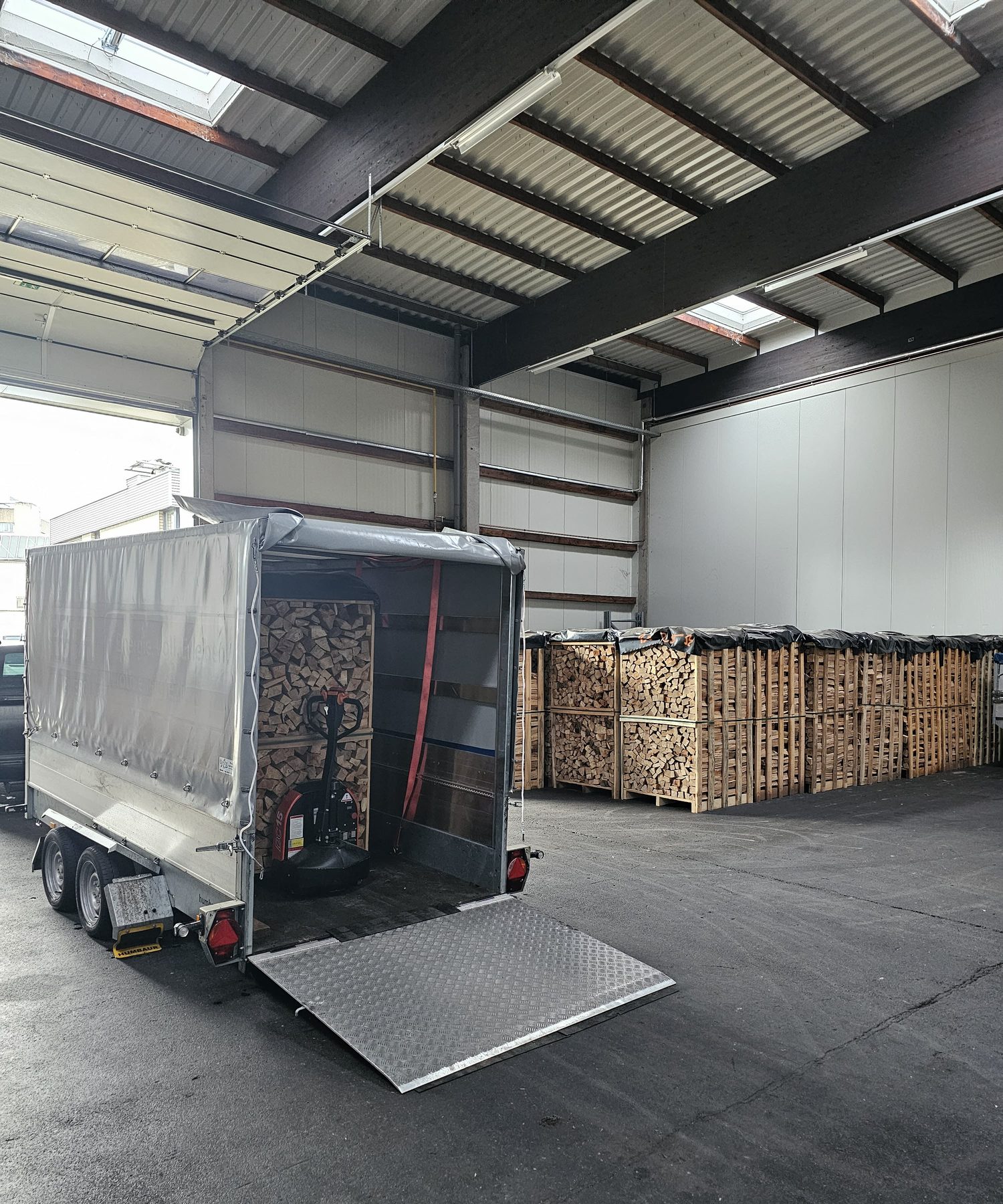 Lieferfahrzeug mit Ladebordwand und palettiertem Kaminholz